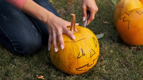Les mains féminines sculptent une effrayante citrouille d'Halloween. Gros plan. Au ralenti. Lanterne Jack pour fête d'Halloween. — Video