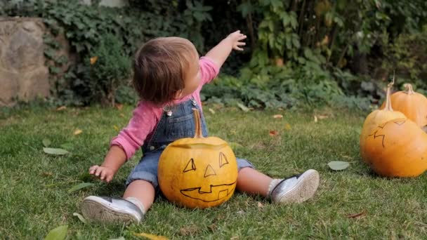 Gadis kecil duduk di halaman dengan labu untuk Halloween. — Stok Video