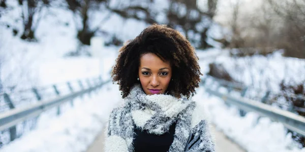 Şık Afro Saçlı Kadın Kış Portre Kadın Giyiyor Sıcak Yün — Stok fotoğraf