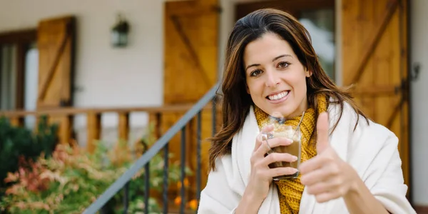 Happy Young Woman Drinking Hot Coffee Cup Doing Thumbs Success — Stock Photo, Image