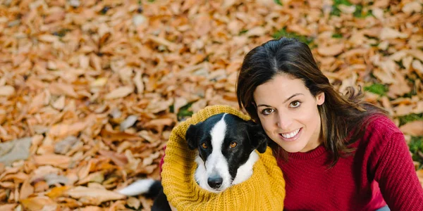 愉快的妇女与她的狗一起享受秋天的季节 有趣的可爱的宠物戴温暖的围巾 — 图库照片