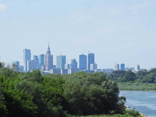 Warszawa Business City Skyskrapor Panorama Sett Från Floden Wisła — Stockfoto