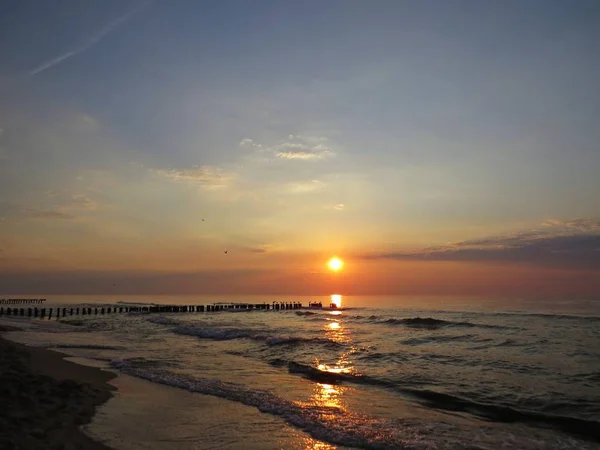 Pôr Sol Bonito Litoral Praia Com Pássaro Gaivota — Fotografia de Stock