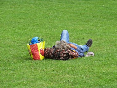 Bir büyük beyaz erkek yalan ve yeşil çimenlerin üzerinde uyku uzun gri saçlı