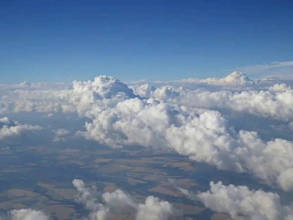 Tranquil Beautiful View Plane Window Blue Sky White Clouds — Stock Photo, Image