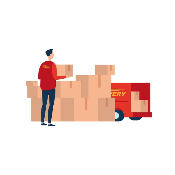 Livraison express. Courrier avec une boîte à la pile de colis . — Image vectorielle