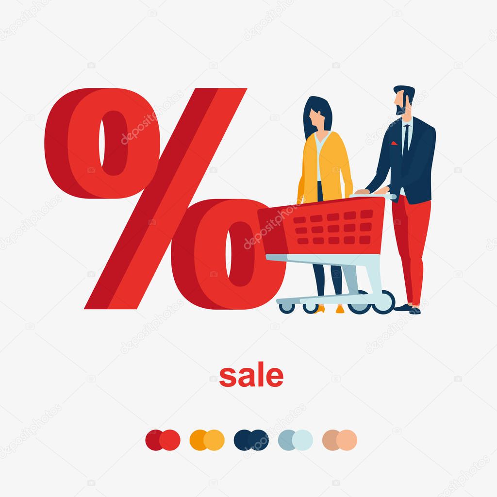 Duty free. A man and a woman with a red basket in front of a large percentage. Illustrates sales cart discounts.