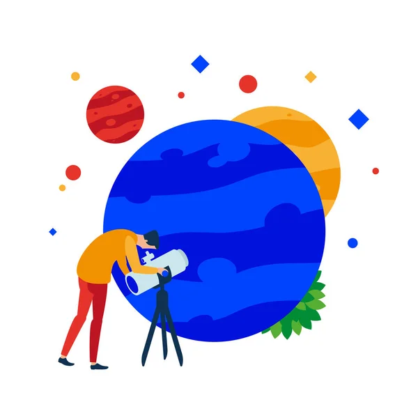 Planet in a telescope. A person looks through a telescope at the planet. — Stock Vector