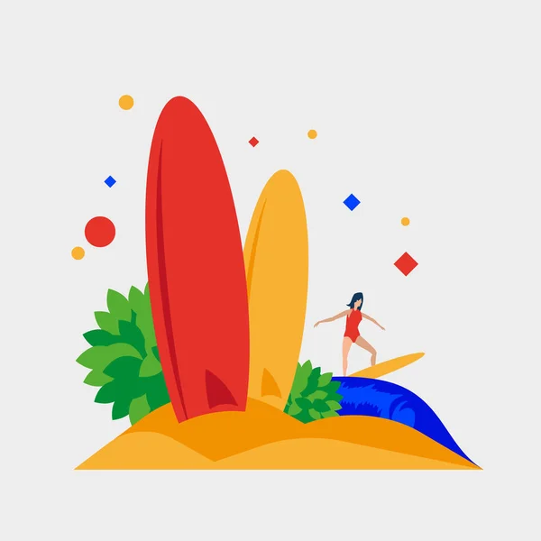 Tabla de surf en la playa. Verano, playa y surf — Vector de stock