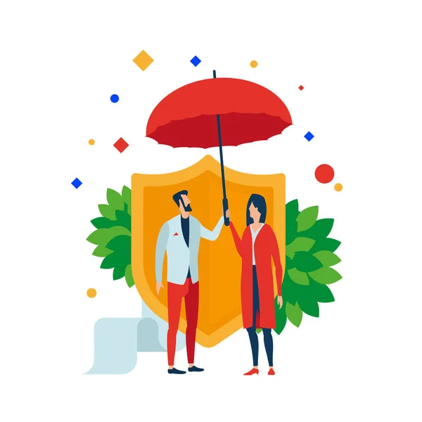 Άνδρας και γυναίκα κάτω από μια ομπρέλα στο φόντο της ασπίδας. — Διανυσματικό Αρχείο