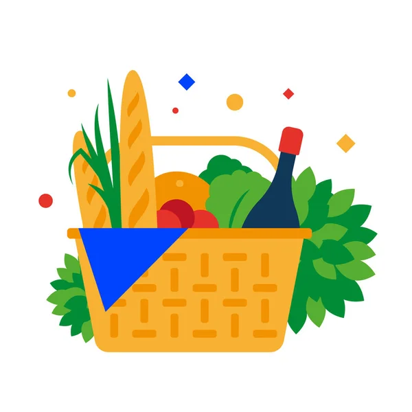 Picknickkorb mit Baguette, Obst und Getränken. — Stockvektor