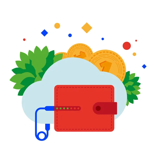 The e-wallet is connected to the cloud service for receiving and exchanging currencies. — Stock Vector