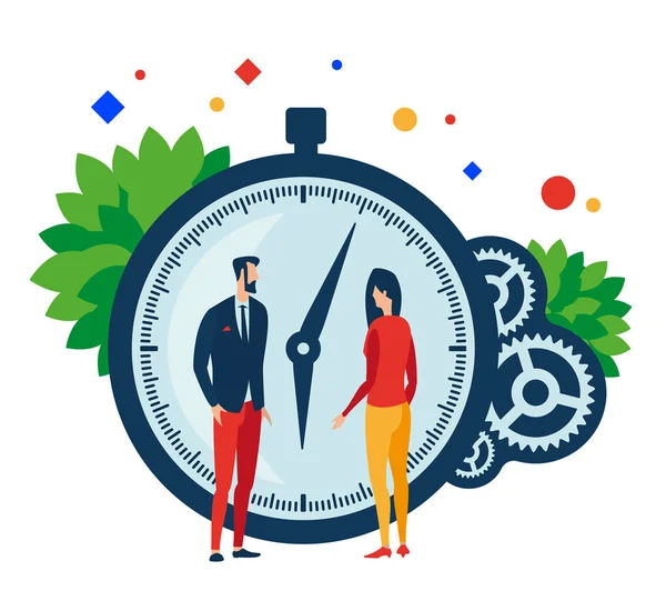 Working time. Two people, clock and gears. — Stock Vector