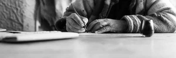 Wide Low Angle View Elderly Man Doing Calligraphy Writing Using — Stock Photo, Image