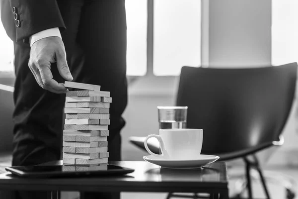 Monochrome Image Business Man Office Building Tower Wood Blocks Strategy — Stock Photo, Image