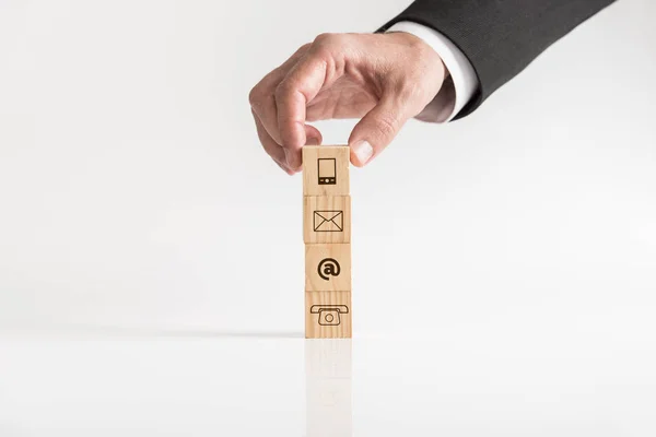 Businessman Hand Arranging Blocks Means Communications Icons Viewed Close White — Stock Photo, Image