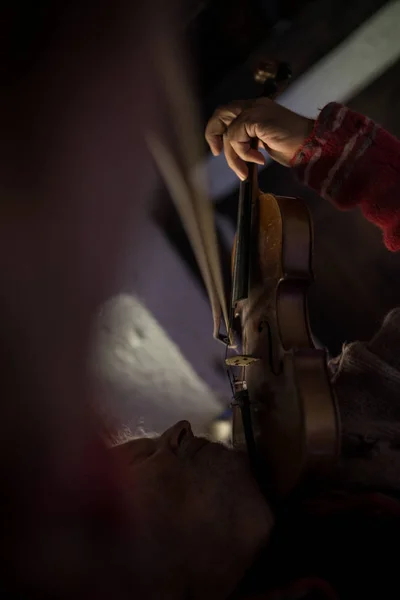 Vista Lateral Inferior Homem Com Barba Cinza Tocando Violino Uma — Fotografia de Stock