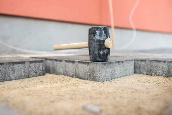 New Paving Stones Being Installed Outdoors Low Angle View Showing — Stock Photo, Image