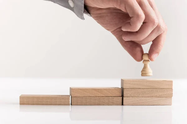 Businessman Holding Pawn Chess Piece Steps Success Formed Wooden Blocks — Stock Photo, Image