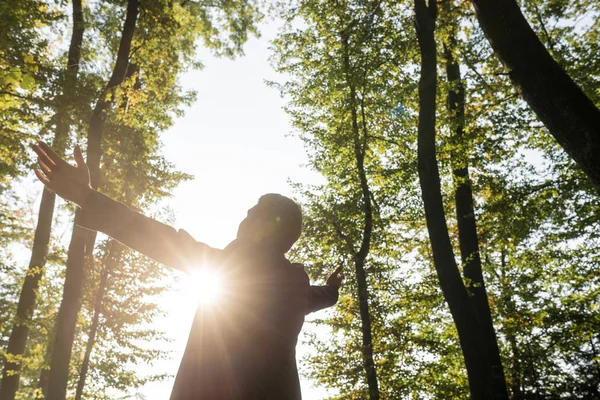 Zakenman Met Armen Wijd Verspreid Buiten Prachtige Natuur Als Zon — Stockfoto