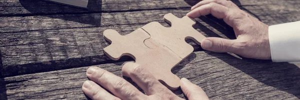 Wide Close Unidentifiable Business Person Hands Put Together Two Puzzle — Stok Foto