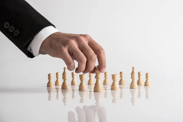 Conceptual Image Human Hand Wearing Business Suit Moving Queen Chess — Stock Photo, Image