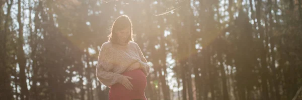 上孕期年轻孕妇的全景图像深情地抚摸着她的腹部站在外面的秋天森林与 Sunflare 在她周围 — 图库照片