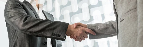 ビジネスの男性と女性の挨拶または契約で握手のクローズ アップ ビュー 視野のイメージ — ストック写真