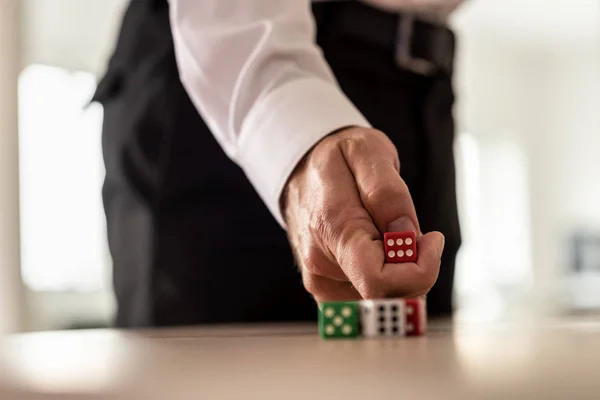 Business Challenge Risk Concept Businessman Throwing Red Dice Office Desk — Stock Photo, Image