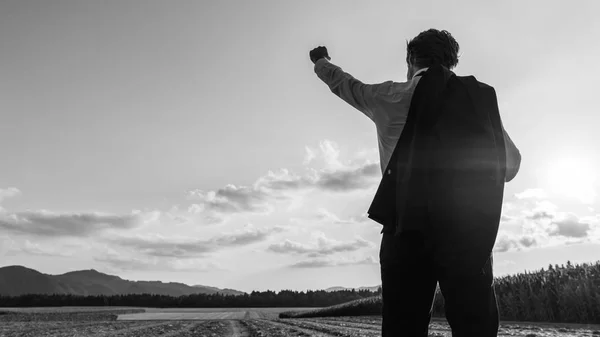 Businessman Celebrating His Success Standing Evening Nature His Jacket His — Stock Photo, Image