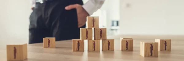 Retro Vintage Image Businessman Standing Next Office Desk Wooden Cubes — Stock Photo, Image