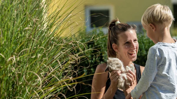 Glad Ung Mamma Håller Söta Lurviga Husdjur Kanin Visar Det — Stockfoto