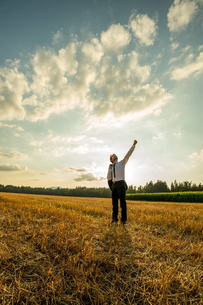 Businessman One Arm Raised High Success Standing Beautiful Evening Sky — Stock Photo, Image