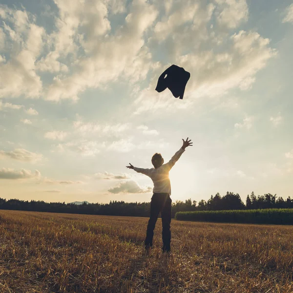 Successful Businessman Celebrating His Achievement Standing Nature Throwing His Suit — Stock Photo, Image