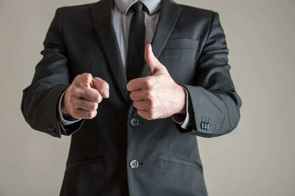 Front View Business Executive Making Thumbs Gesture One Hand Pointing — Stock Photo, Image