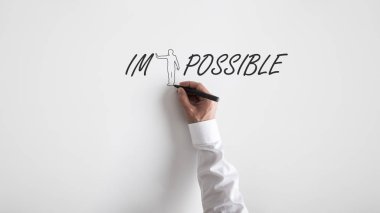 Erkek el çizimi şekle uzaklaştırmak için bir kişinin ım imkansız Word'den boşaltmak bol olan beyaz arka plan üzerinde harfler.