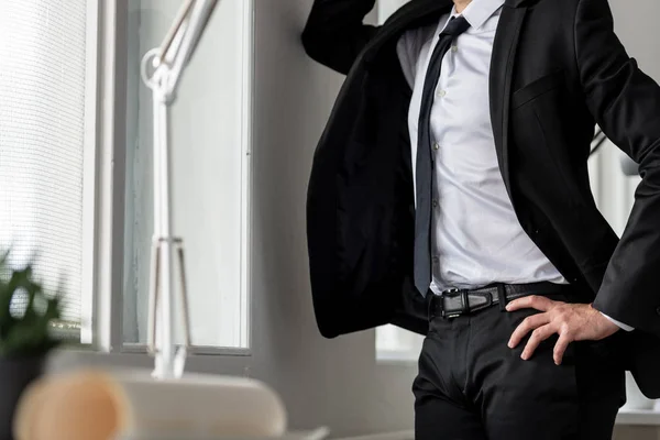 Torso Businessman Standing Office Window Leaning Wall — Stock Photo, Image