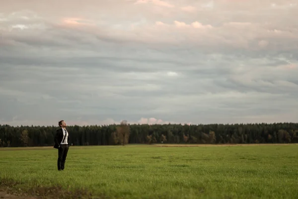 Young Businessman Standing Elegant Suit Green Meadow Cloudy Autumn Sky — 图库照片