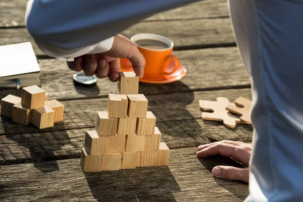 View Arm Businessman Making Pyramid Wooden Blocks Conceptual Image Business — 스톡 사진