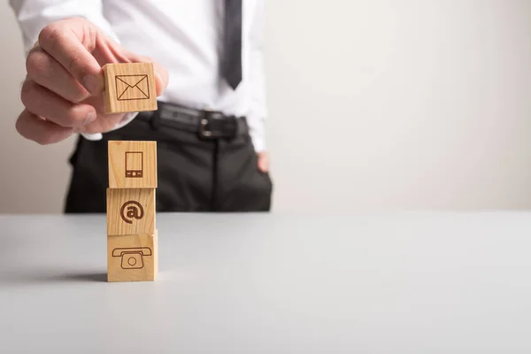 Customer Service Support Concept Businessman Placing Wooden Blocks Communication Icons — Stock Photo, Image