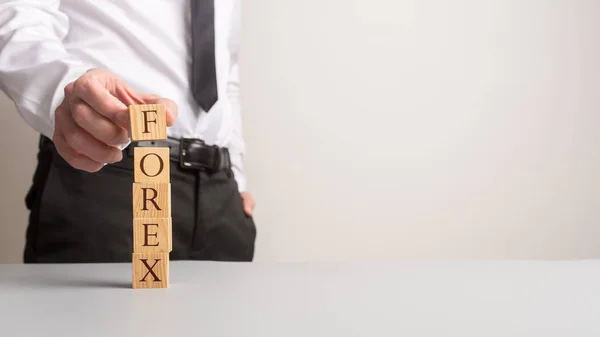 Financial Adviser Making Stack Wooden Blocks Spelling Forex Copy Space — Stock Photo, Image