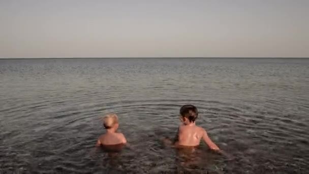 Dos Niños Pequeños Disfrutando Vacaciones Verano Mar Poco Profundo Con — Vídeo de stock