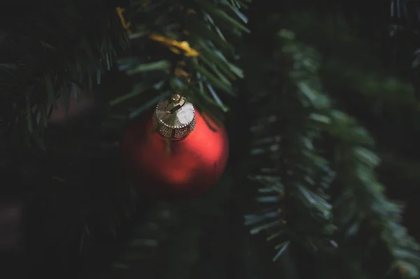 クリスマスツリーからぶら下がる赤いボーブルのトップビュー — ストック写真