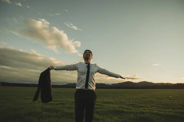 Empresário de pé no prado verde com os braços espalhados — Fotografia de Stock
