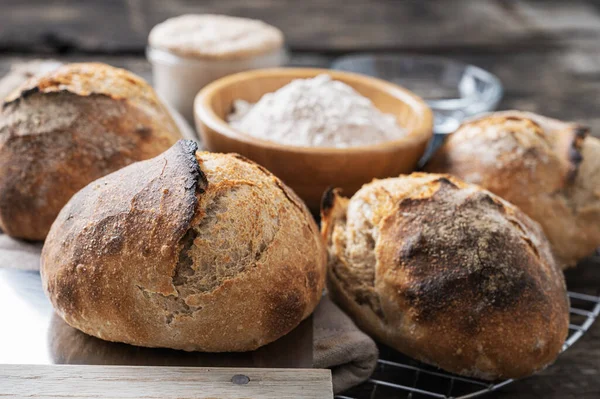 Freshly Baked Home Made Sourdough Bread Buns Cooling Rake Next — Stock Photo, Image