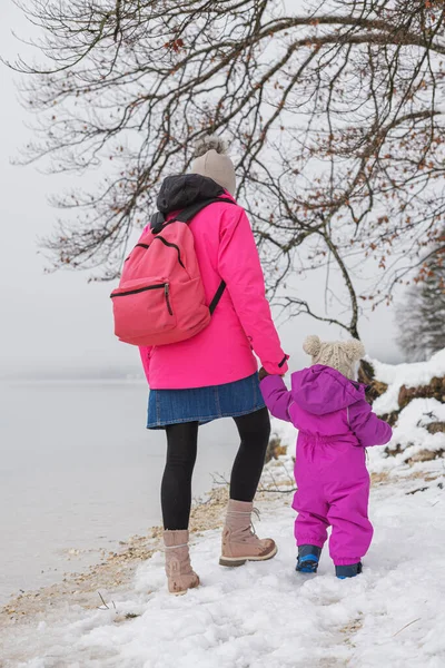 Vista Por Trás Uma Mãe Sua Filha Andando Neve Perto — Fotografia de Stock