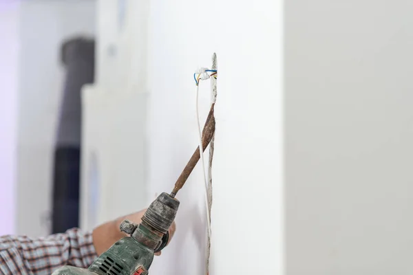 Closeup Construction Worker Drilling Hole Wall Install Electrical Wiring House — Stock Photo, Image