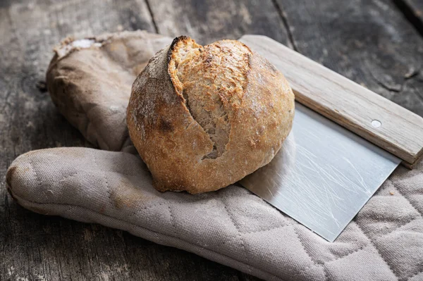Freshly Baked Sourdough Bread Bun Delicious Golden Crust Placed Dough — Stock Photo, Image