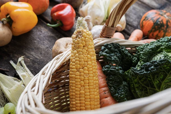 Variety Fresh Autumn Vegetables Wicker Basket — Stock Photo, Image