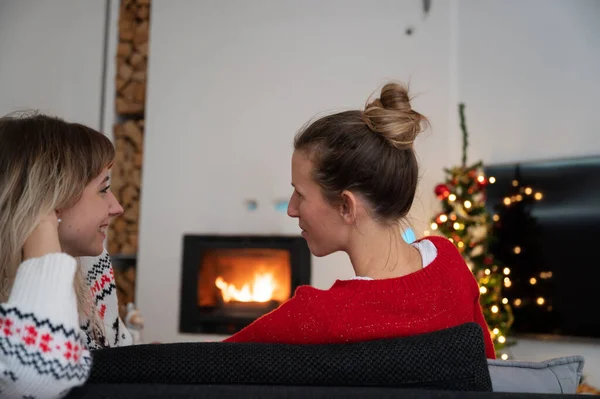 ゲイのレズビアンカップルの後ろからの眺め暖炉のそばのソファに座ってクリスマスツリーが飾られ 部屋の照明でいっぱいです — ストック写真